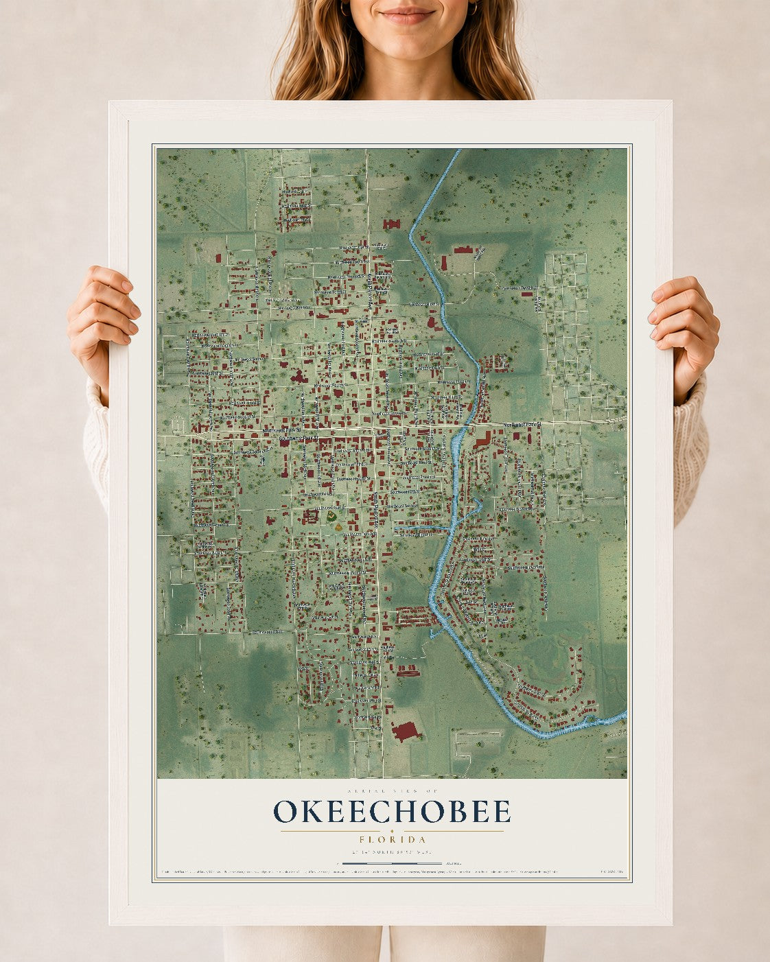 Okeechobee, Florida map print, 24" x 36" W/ White Ayous Wood Frame mockup