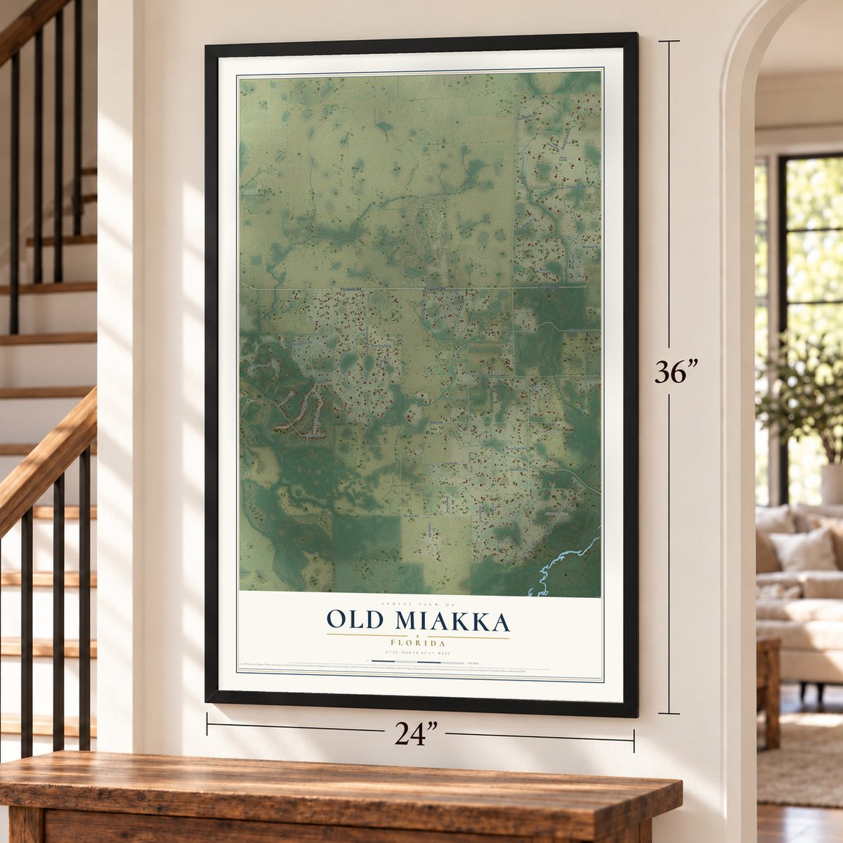 Old Miakka, Florida map, 24 x 36 inch print in a black frame by a staircase