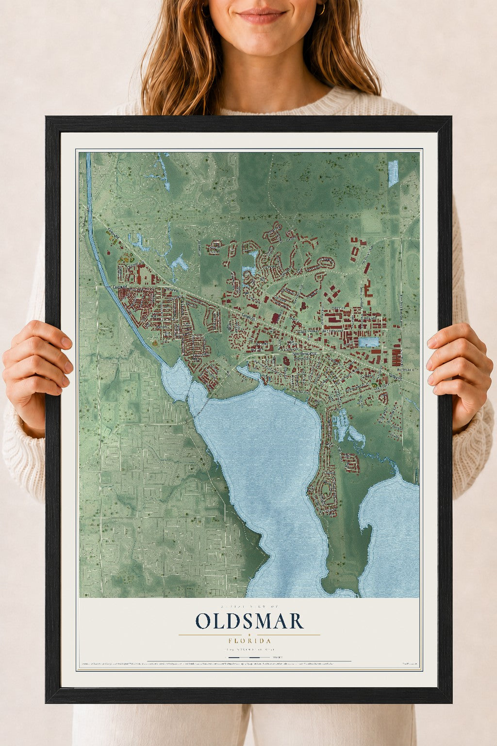 Oldsmar, Florida map print, 18" x 24" W/ Black Ayous Wood Frame mockup