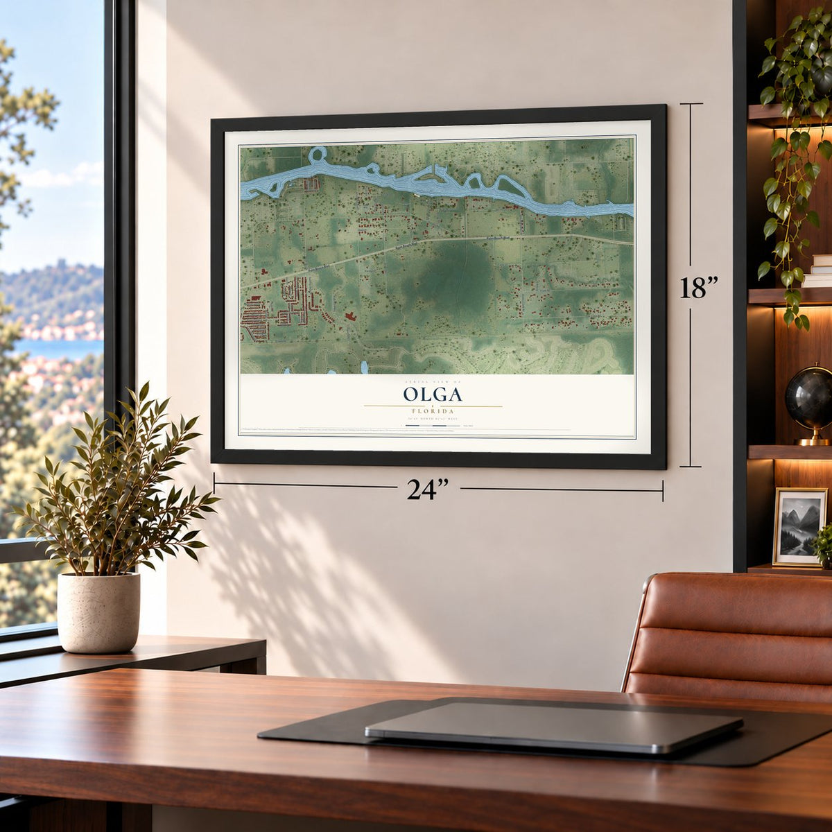 Olga, Florida map, 18 x 24 inch print in a black frame in a home office