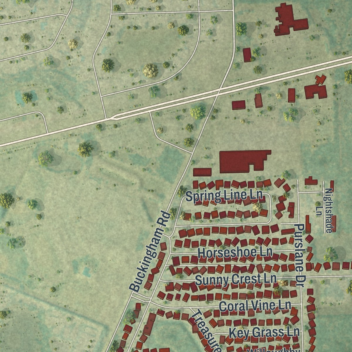 Close-up of the map of Olga, Florida print showing street and building detail