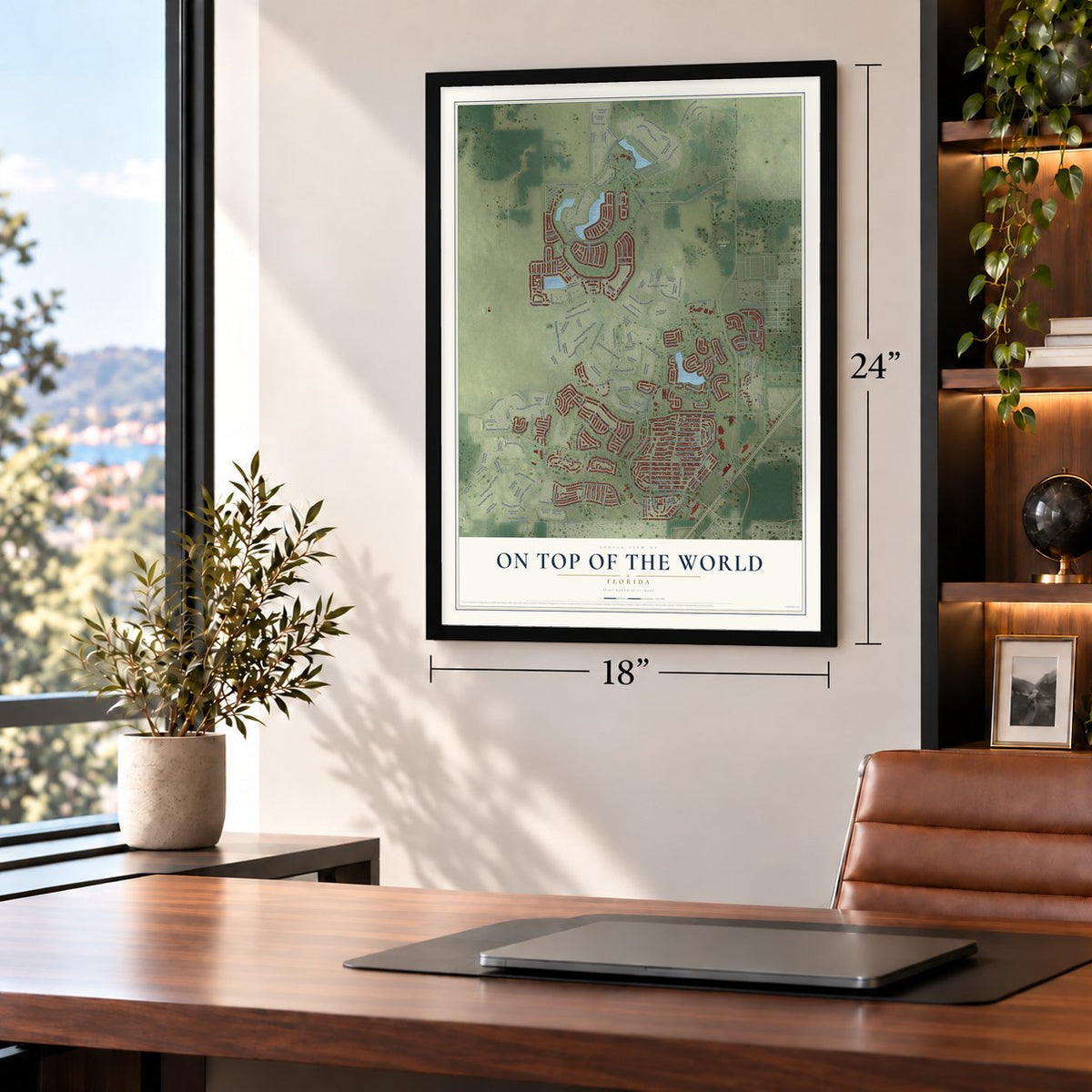 On Top of the World, Florida map, 18 x 24 inch print in a black frame in a home office