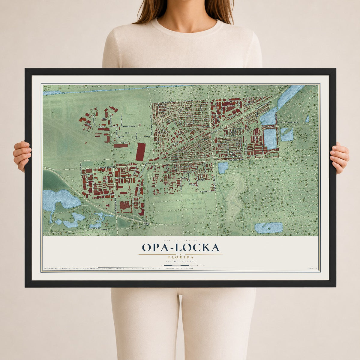 Opa-locka, Florida map print, 24" x 36" W/ Black Ayous Wood Frame mockup