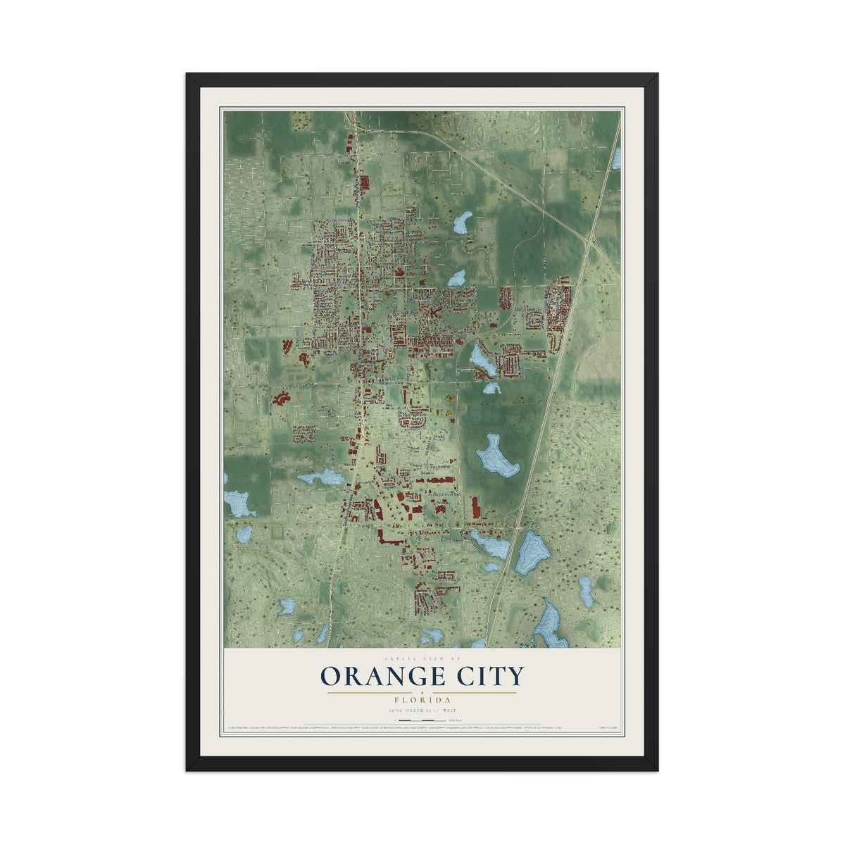 Orange City, Florida map print, 12" x 18" W/ Black Ayous Wood Frame mockup