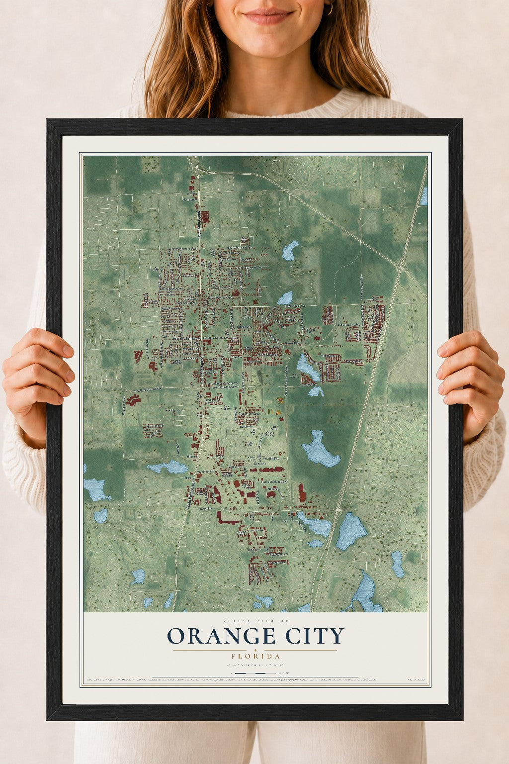 Orange City, Florida map print, 18" x 24" W/ Black Ayous Wood Frame mockup