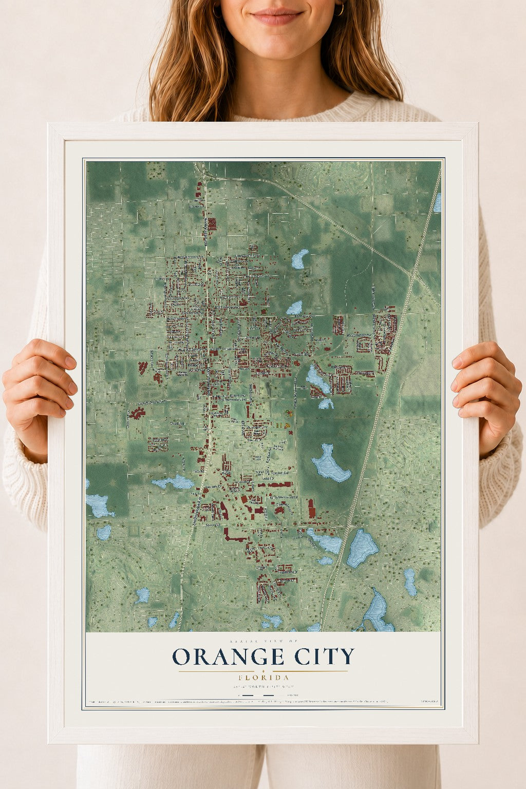 Orange City, Florida map print, 18" x 24" W/ White Ayous Wood Frame mockup