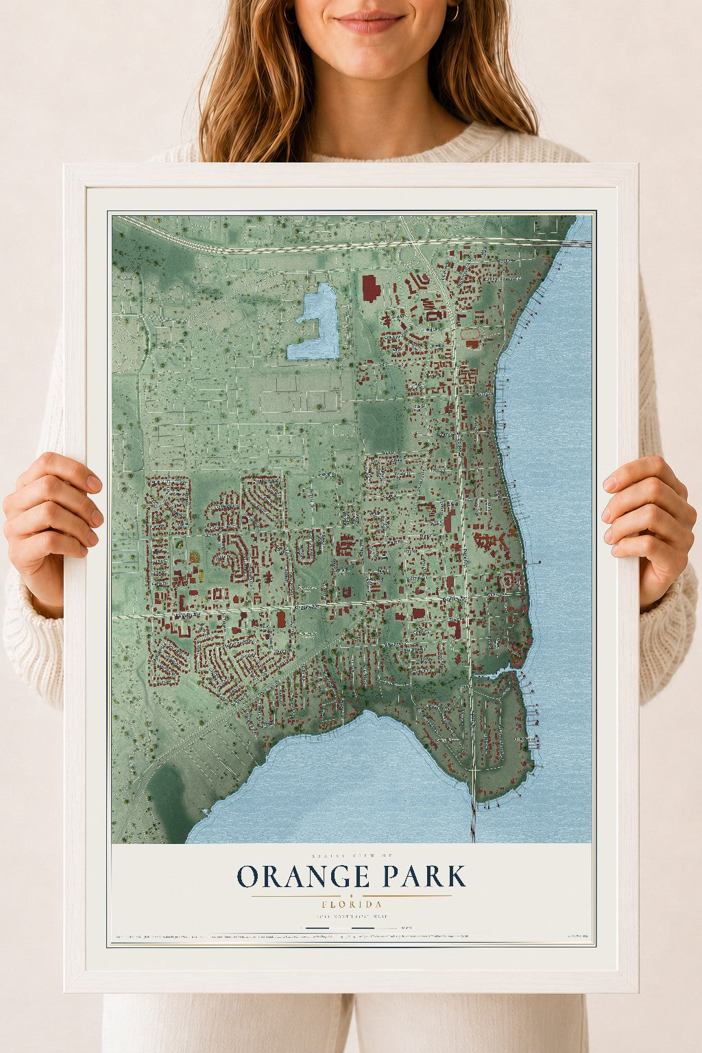 Orange Park, Florida map print, 18" x 24" W/ White Ayous Wood Frame mockup