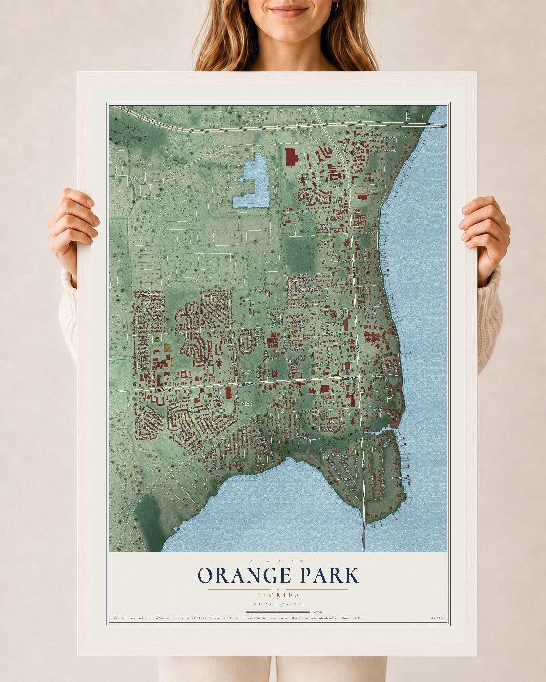 Orange Park, Florida map print, 24" x 36" W/ White Ayous Wood Frame mockup