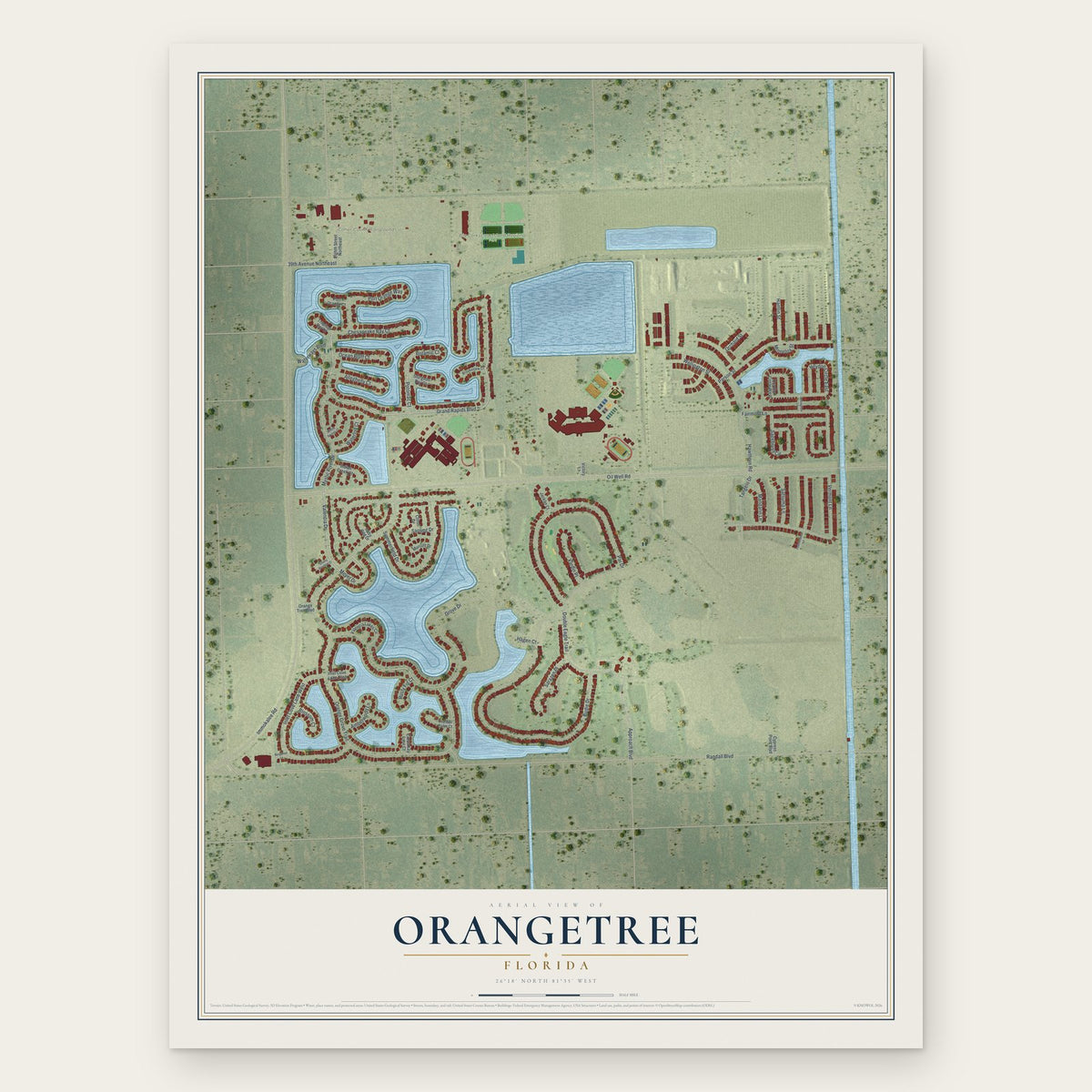 Orangetree, Florida map print, the full design