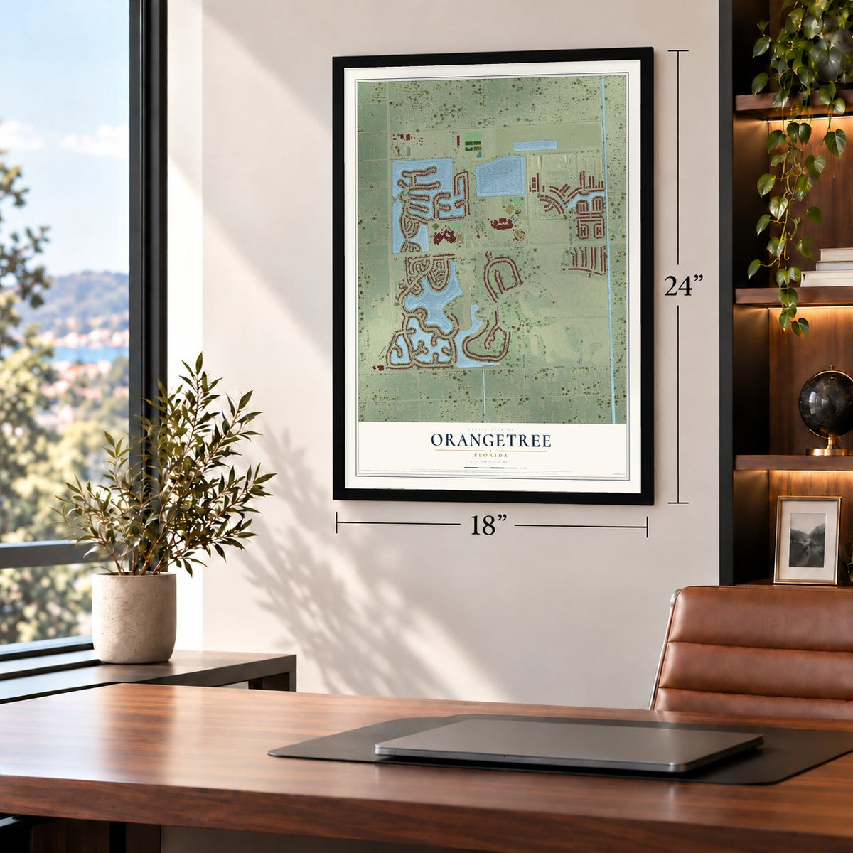 Orangetree, Florida map, 18 x 24 inch print in a black frame in a home office
