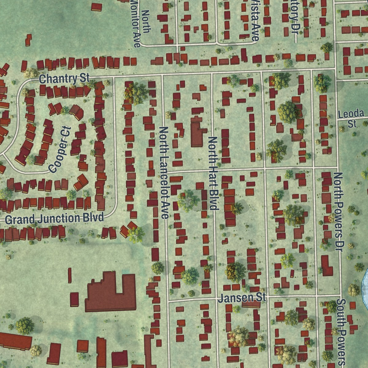 Close-up of the map of Orlovista, Florida print showing street and building detail