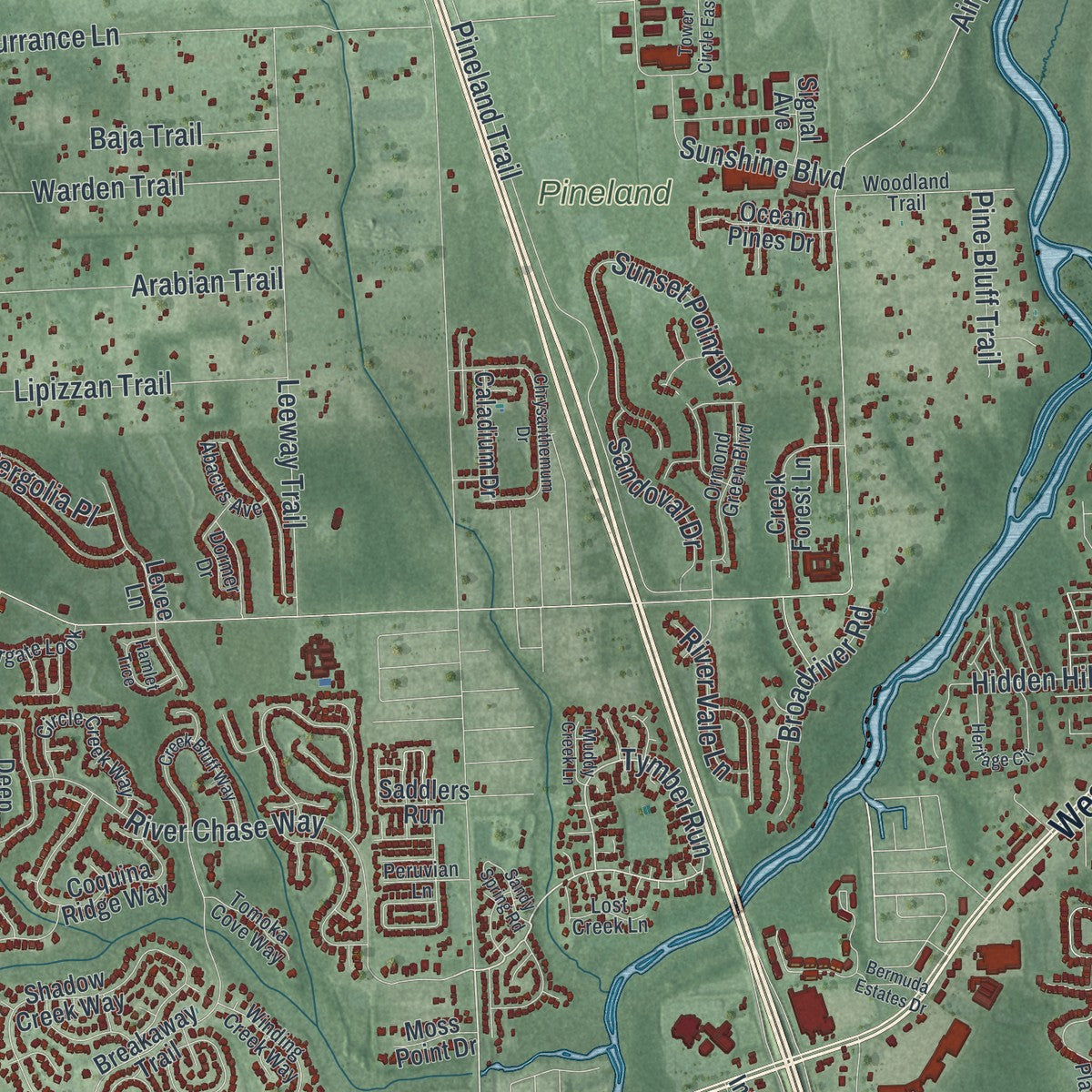 Close-up 2 of the Ormond Beach, Florida map artwork