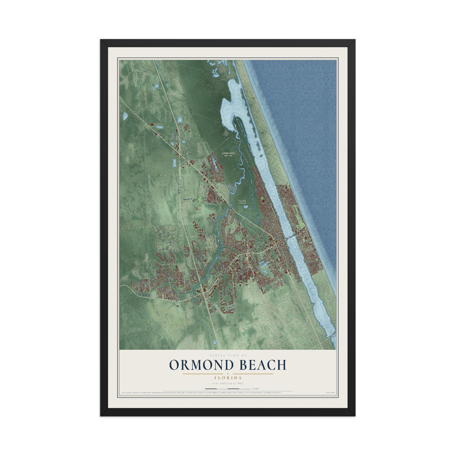 Ormond Beach, Florida map print, 12" x 18" W/ Black Ayous Wood Frame mockup