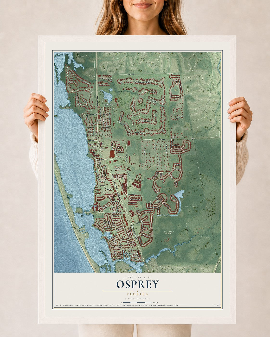 Osprey, Florida map print, 24" x 36" W/ White Ayous Wood Frame mockup