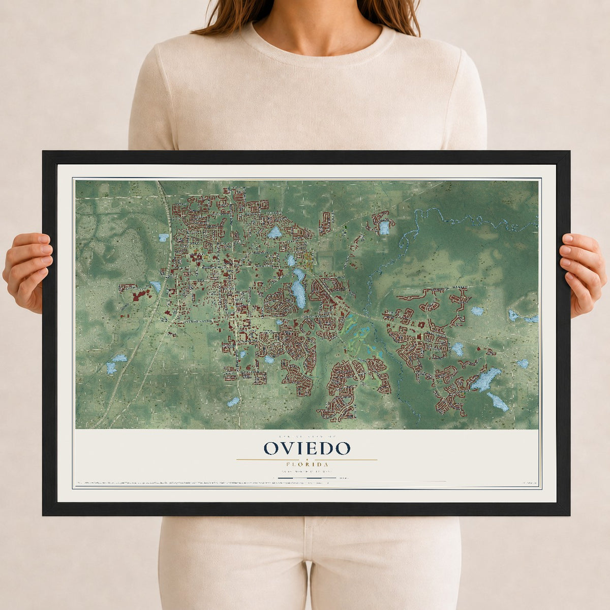 Oviedo, Florida map print, 12" x 18" W/ Black Ayous Wood Frame mockup