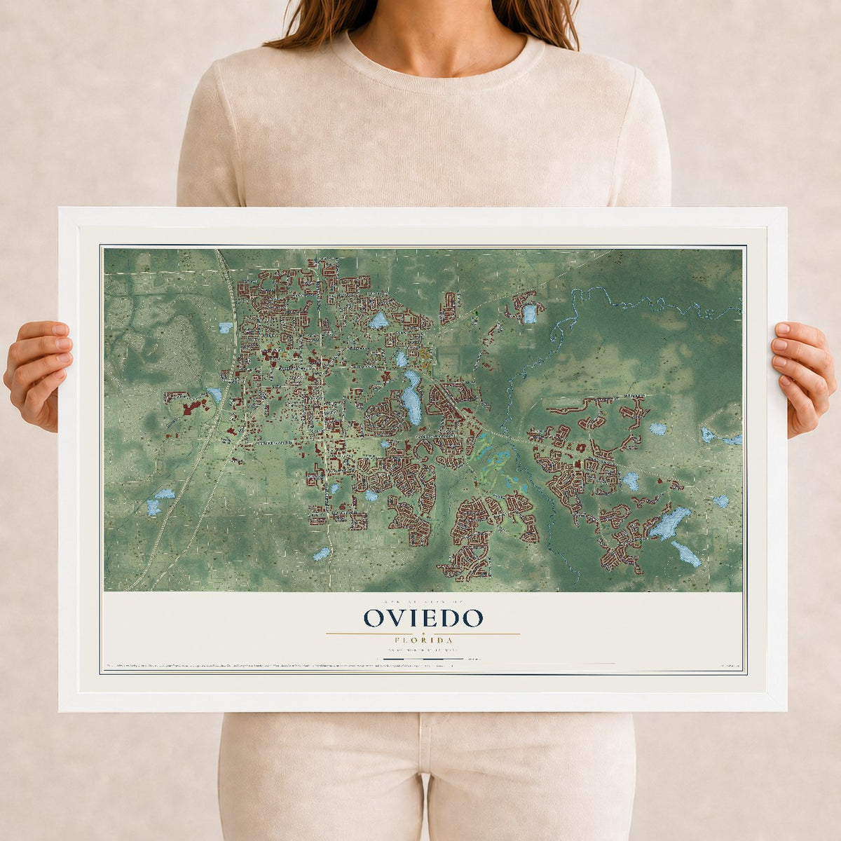Oviedo, Florida map print, 12" x 18" W/ White Ayous Wood Frame mockup