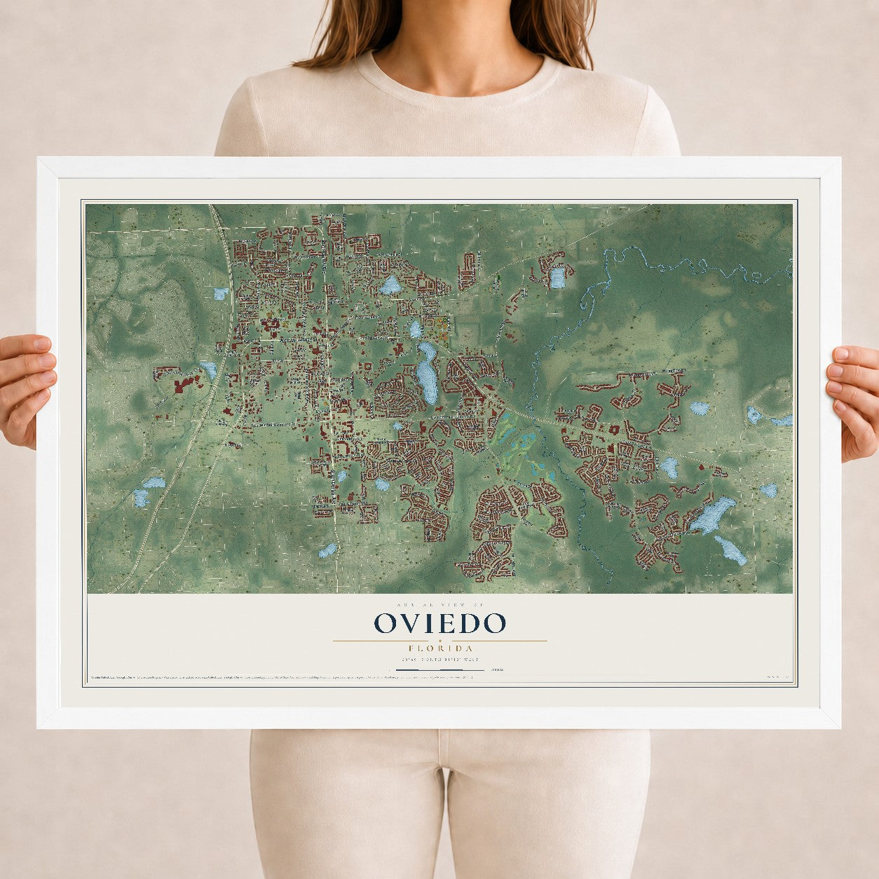 Oviedo, Florida map print, 18" x 24" W/ White Ayous Wood Frame mockup