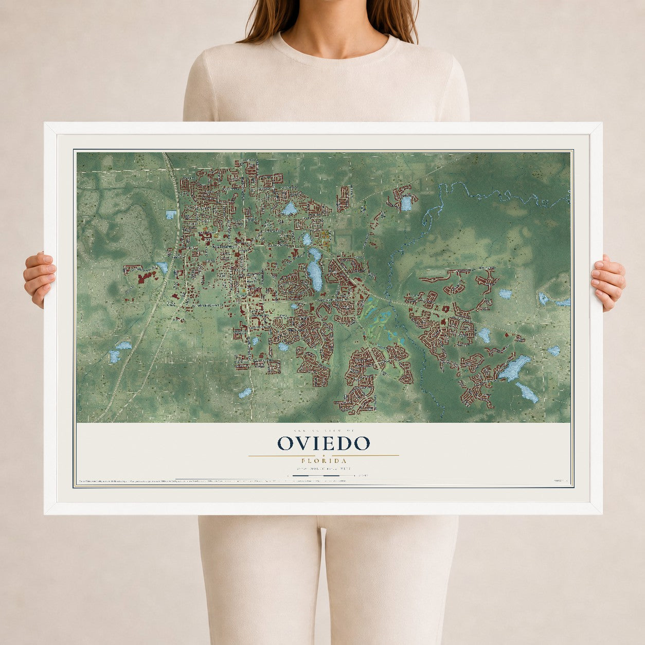 Oviedo, Florida map print, 24" x 36" W/ White Ayous Wood Frame mockup