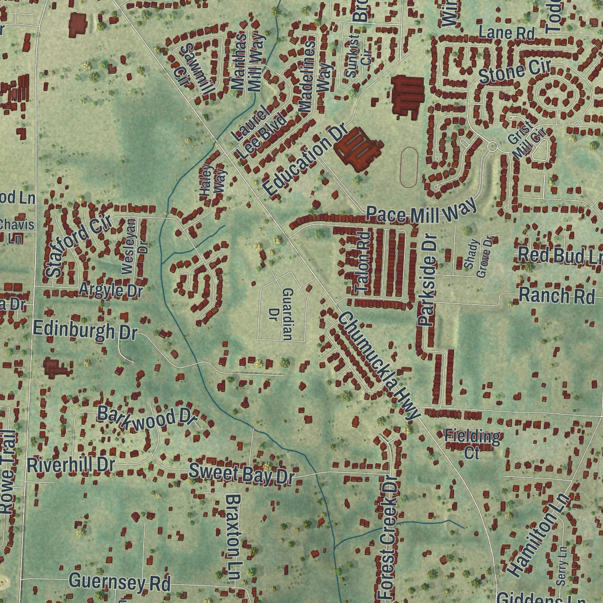 Close-up of the map of Pace, Florida print showing street and building detail