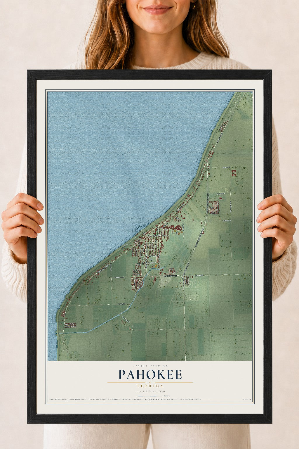 Pahokee, Florida map print, 18" x 24" W/ Black Ayous Wood Frame mockup