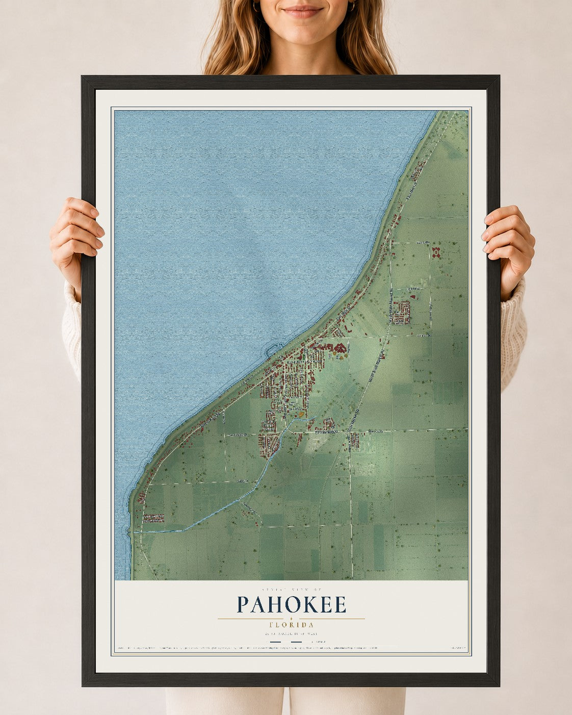 Pahokee, Florida map print, 24" x 36" W/ Black Ayous Wood Frame mockup