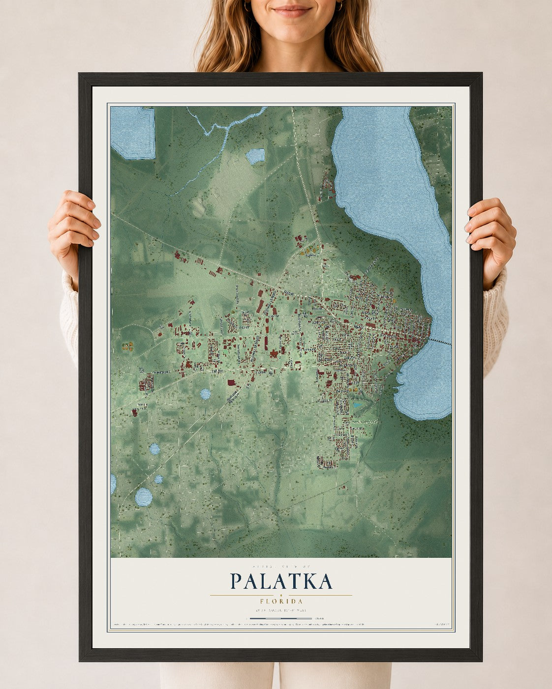 Palatka, Florida map print, 24" x 36" W/ Black Ayous Wood Frame mockup