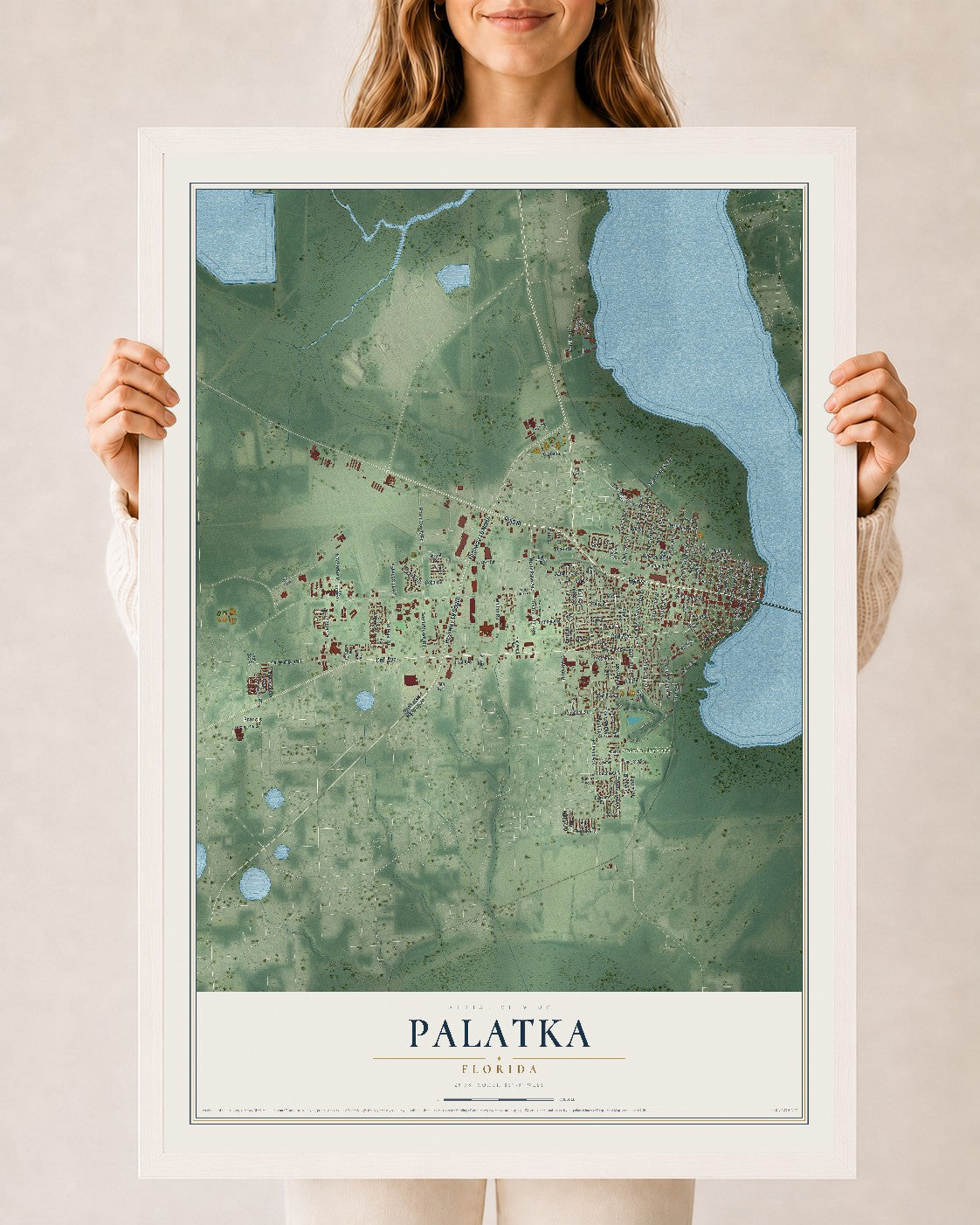 Palatka, Florida map print, 24" x 36" W/ White Ayous Wood Frame mockup