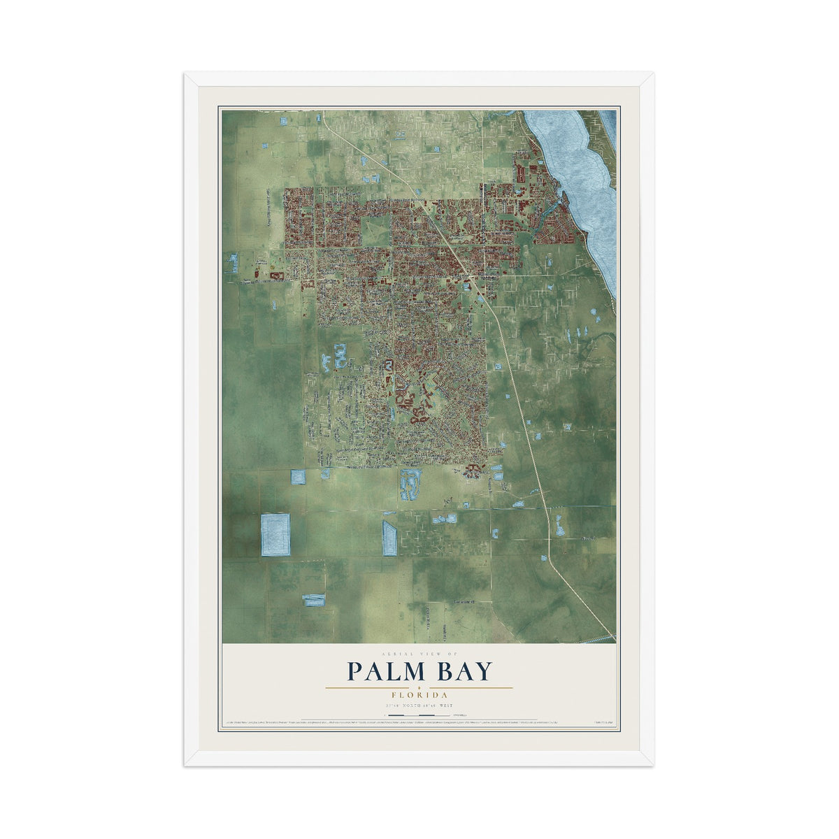 Palm Bay, Florida map print, 12" x 18" W/ White Ayous Wood Frame mockup