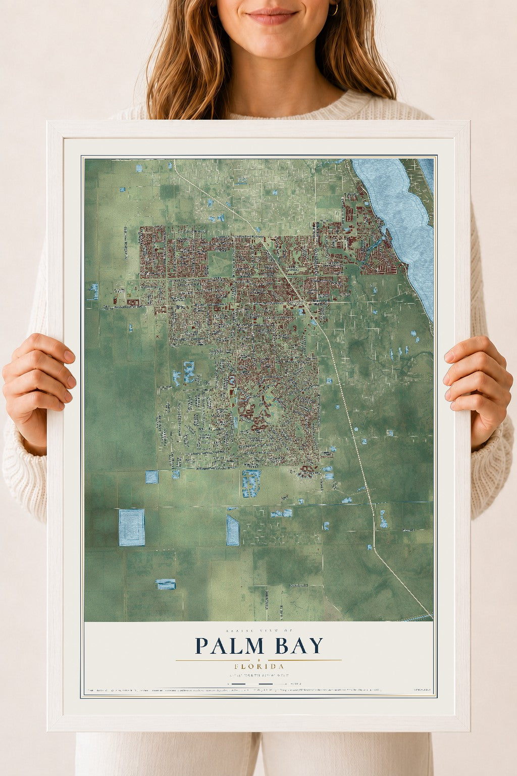 Palm Bay, Florida map print, 18" x 24" W/ White Ayous Wood Frame mockup