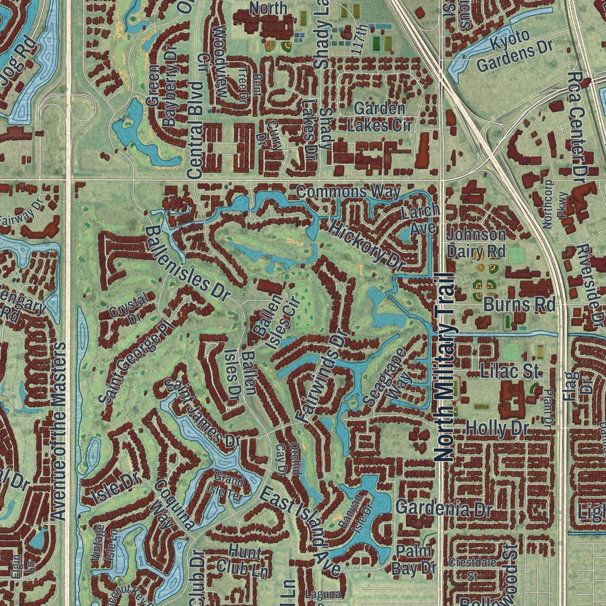 Close-up 1 of the Palm Beach Gardens, Florida map artwork