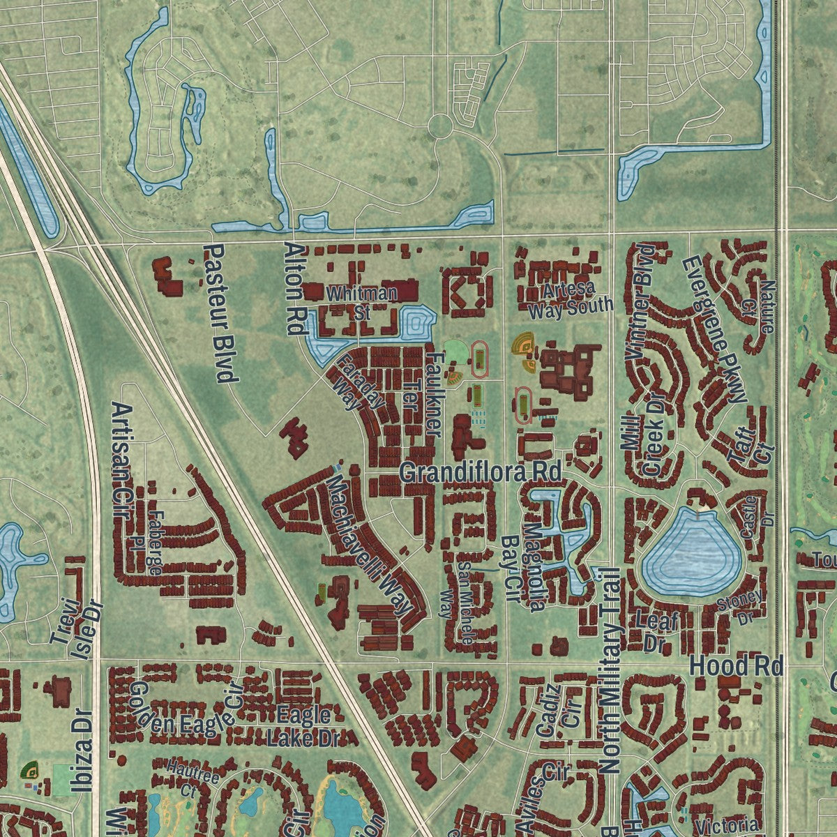 Close-up 2 of the Palm Beach Gardens, Florida map artwork