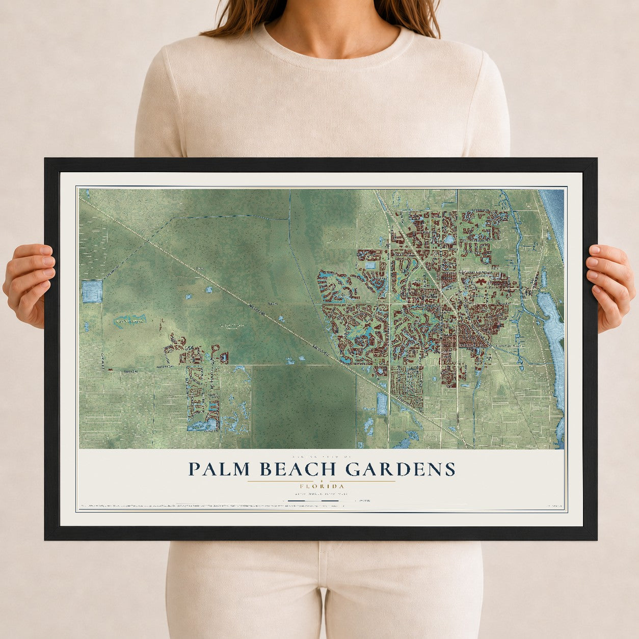 Palm Beach Gardens, Florida map print, 12" x 18" W/ Black Ayous Wood Frame mockup