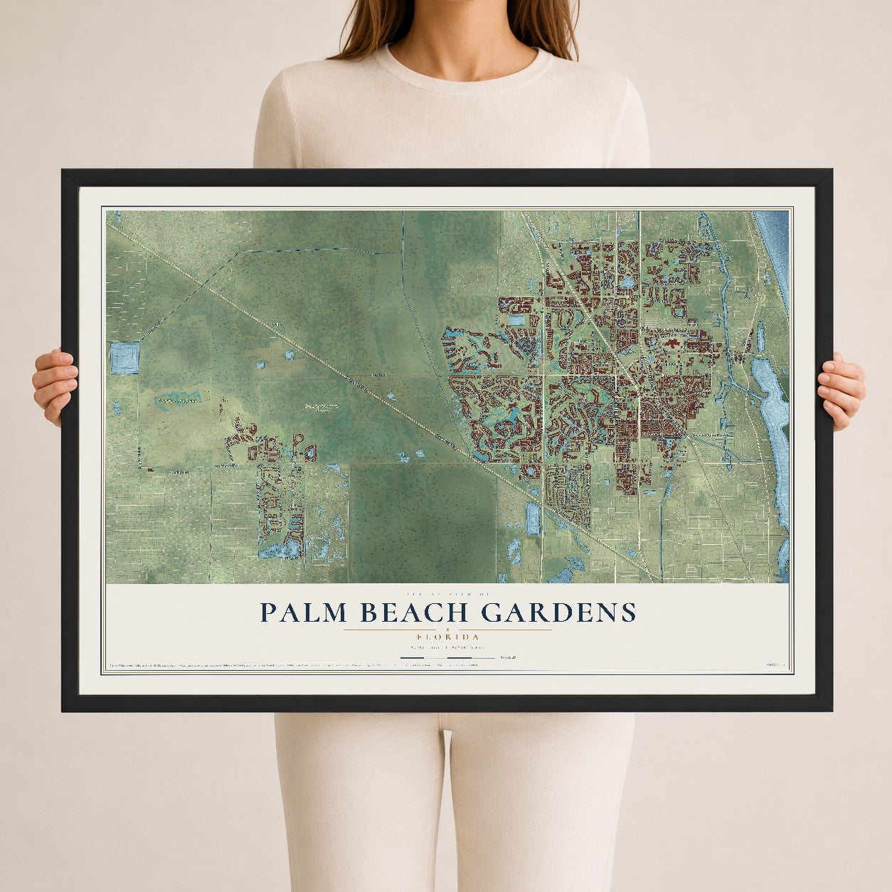 Palm Beach Gardens, Florida map print, 24" x 36" W/ Black Ayous Wood Frame mockup