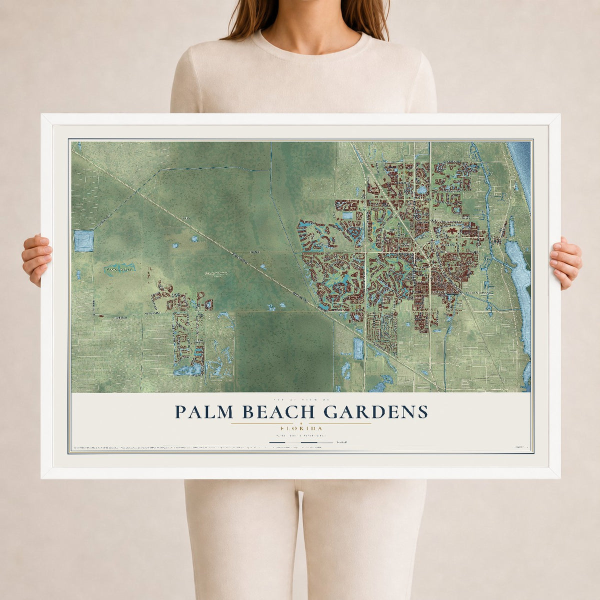 Palm Beach Gardens, Florida map print, 24" x 36" W/ White Ayous Wood Frame mockup