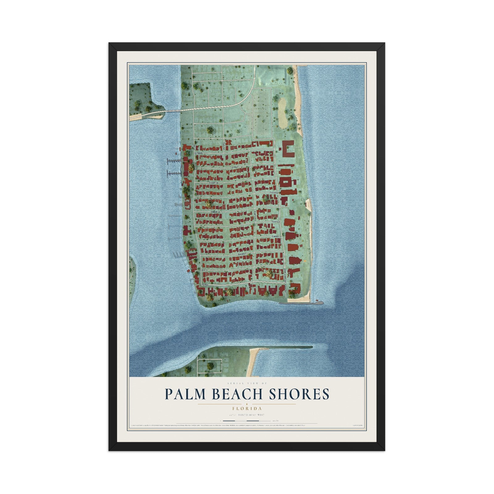 Palm Beach Shores, Florida map print, 12" x 18" W/ Black Ayous Wood Frame mockup