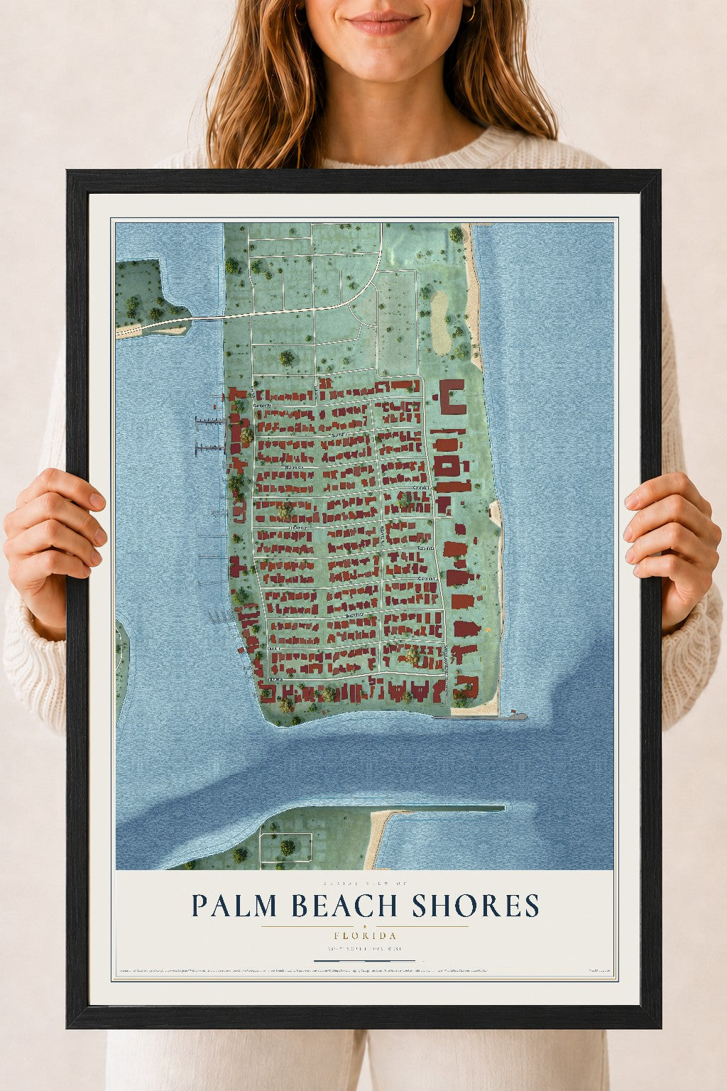 Palm Beach Shores, Florida map print, 18" x 24" W/ Black Ayous Wood Frame mockup
