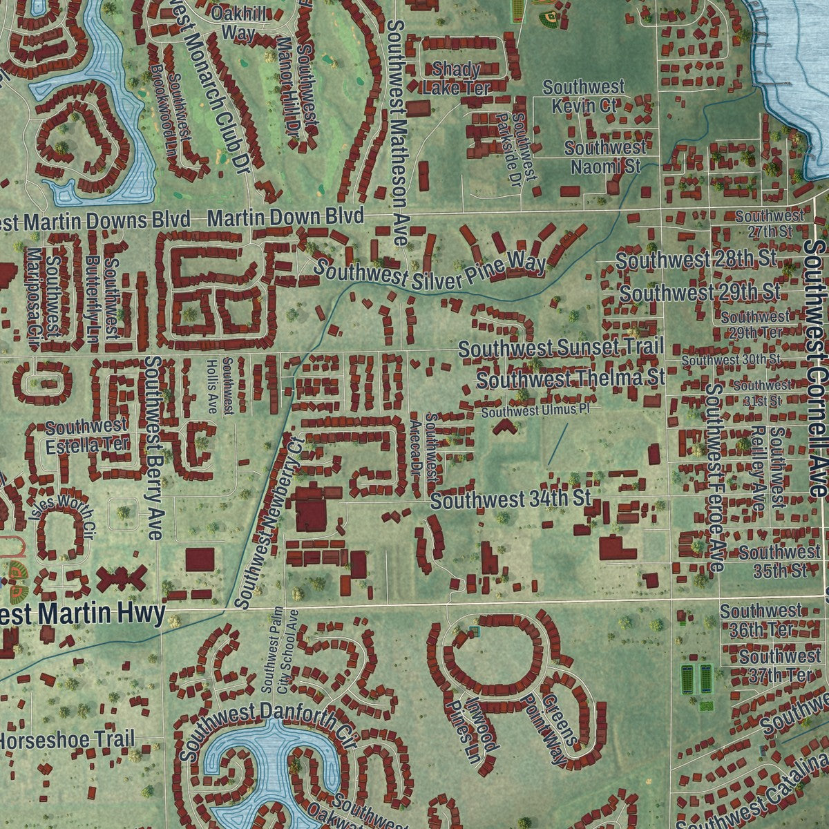 Close-up 1 of the Palm City, Florida map artwork