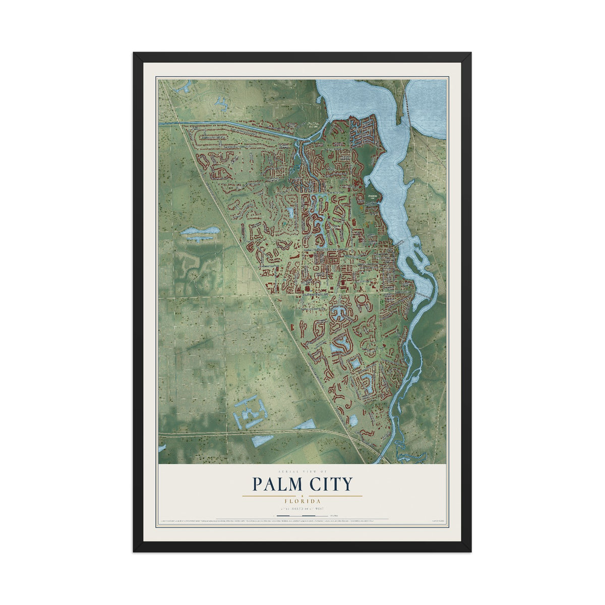 Palm City, Florida map print, 12" x 18" W/ Black Ayous Wood Frame mockup