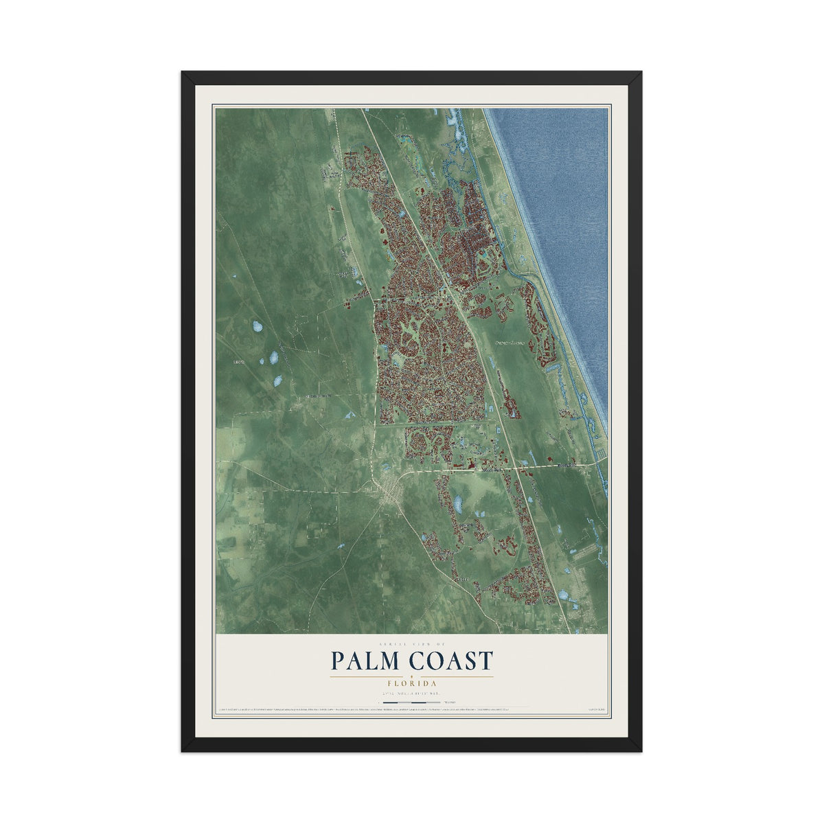 Palm Coast, Florida map print, 12" x 18" W/ Black Ayous Wood Frame mockup