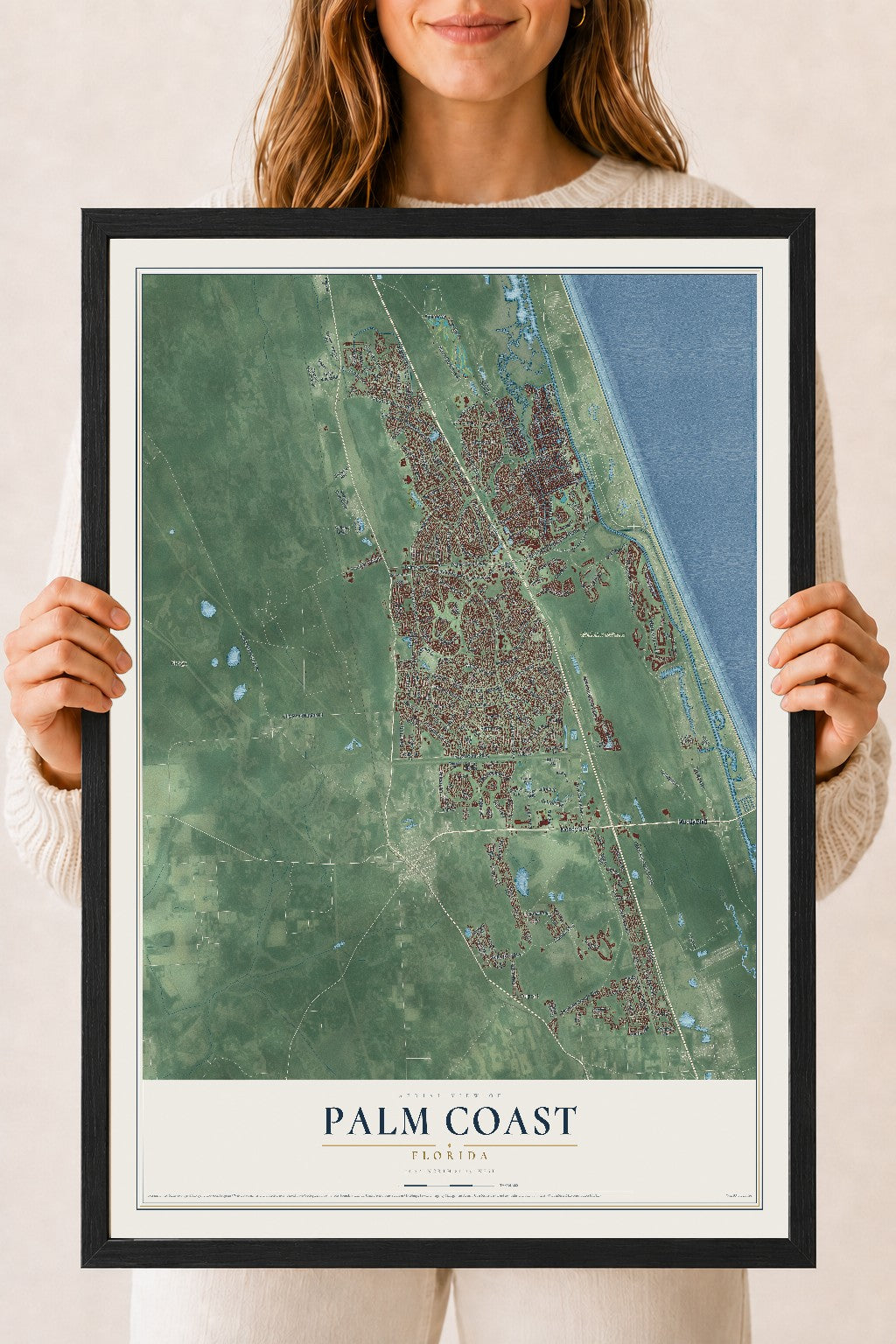 Palm Coast, Florida map print, 18" x 24" W/ Black Ayous Wood Frame mockup