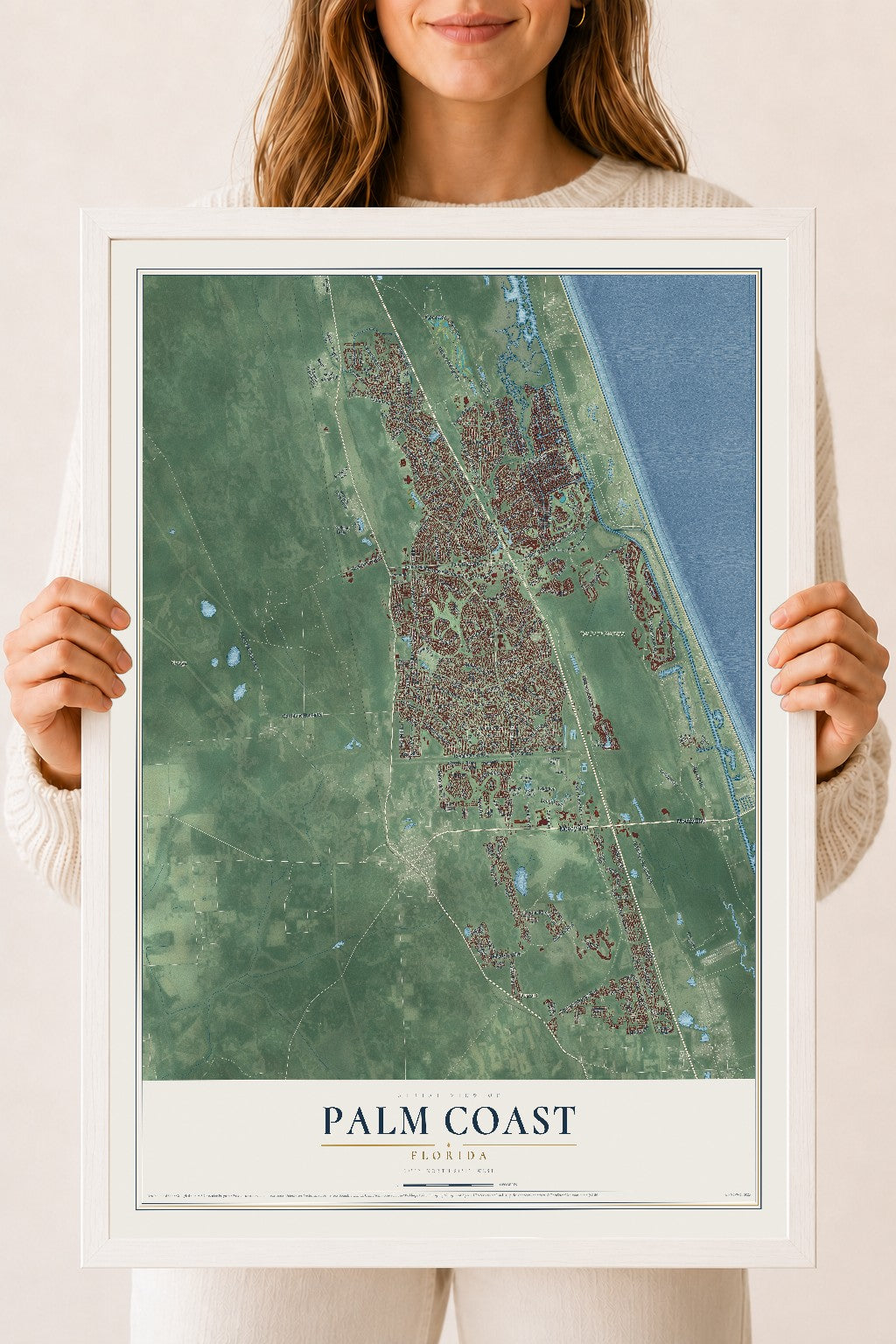 Palm Coast, Florida map print, 18" x 24" W/ White Ayous Wood Frame mockup