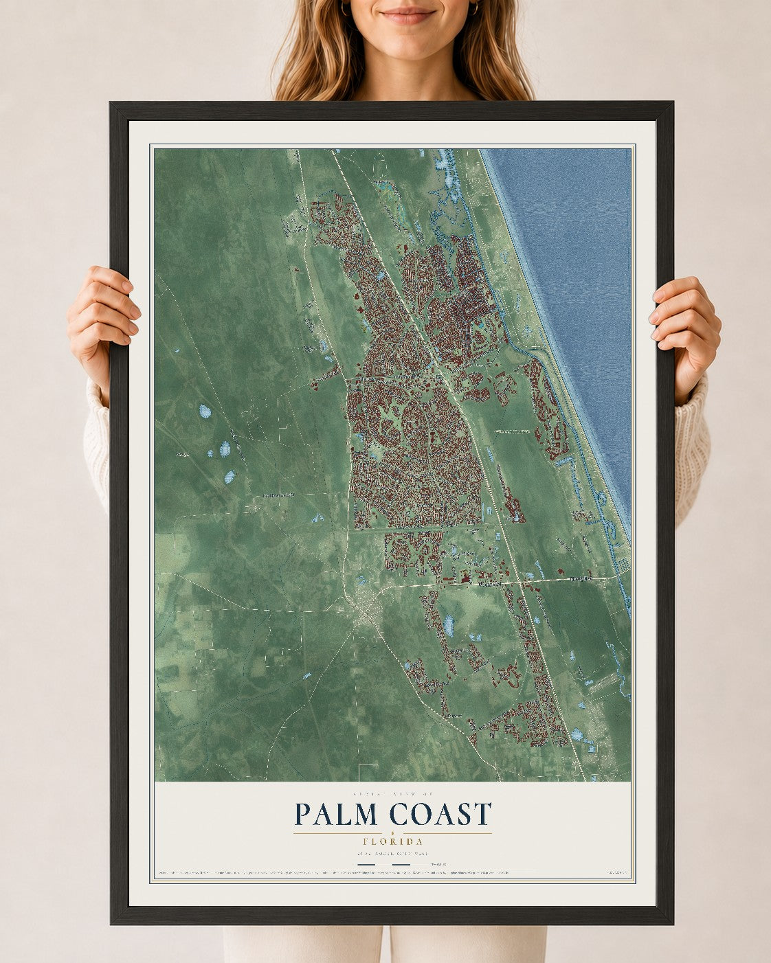 Palm Coast, Florida map print, 24" x 36" W/ Black Ayous Wood Frame mockup
