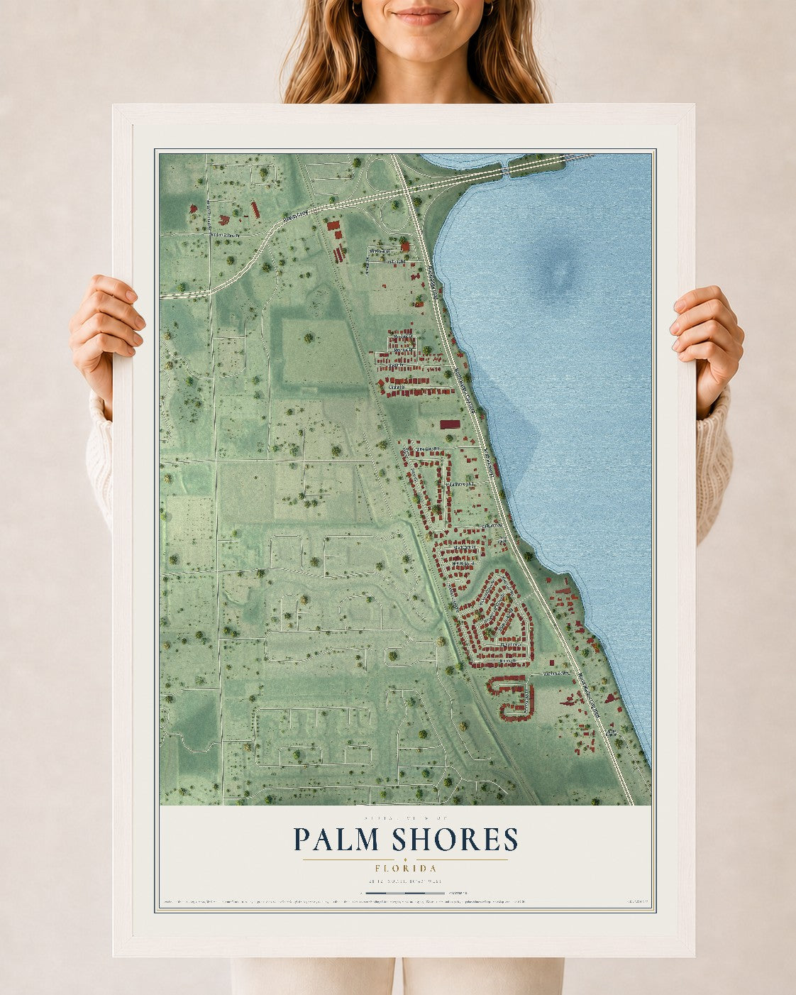 Palm Shores, Florida map print, 24" x 36" W/ White Ayous Wood Frame mockup