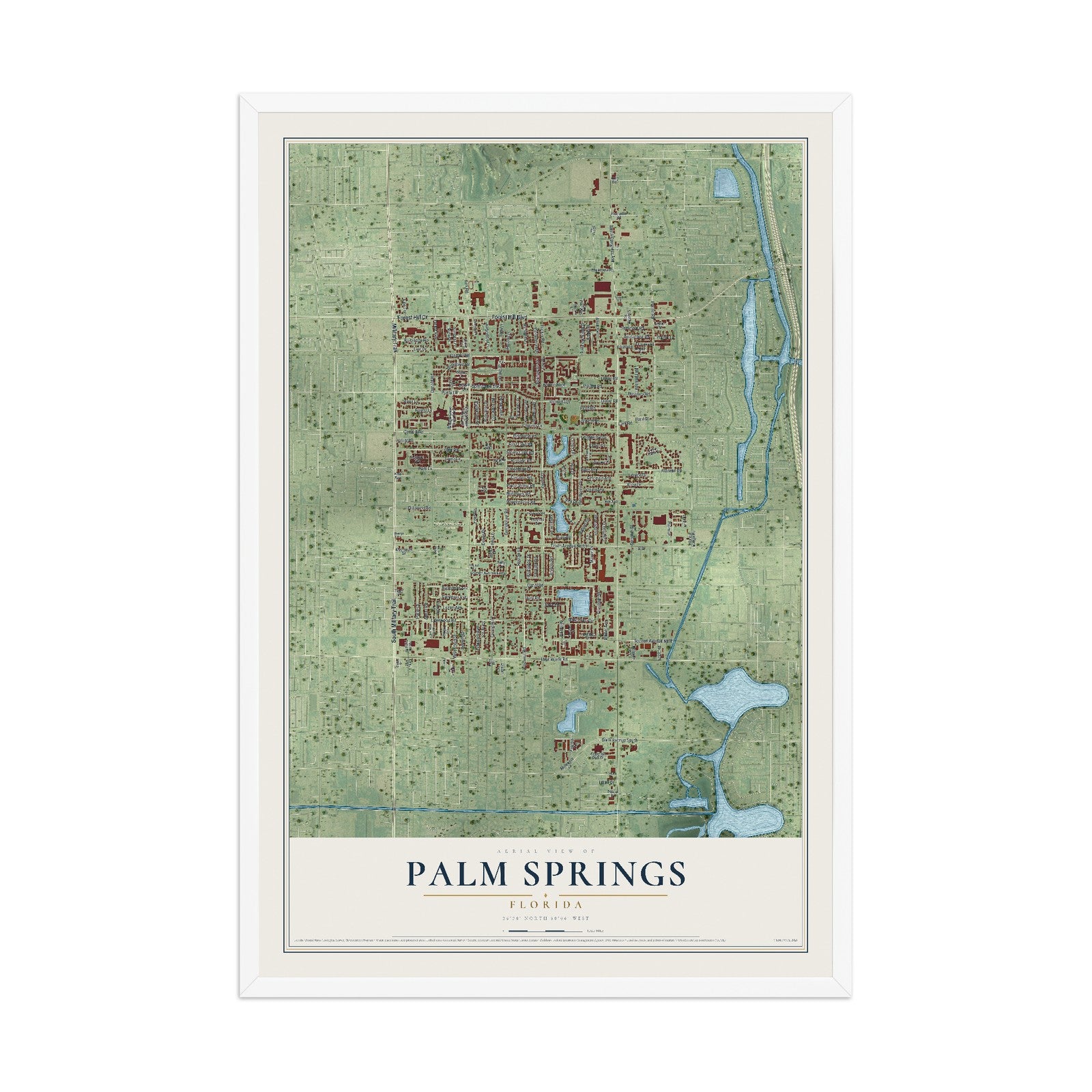 Palm Springs, Florida map print, 12" x 18" W/ White Ayous Wood Frame mockup
