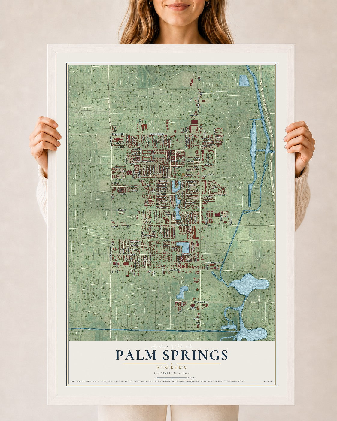 Palm Springs, Florida map print, 24" x 36" W/ White Ayous Wood Frame mockup