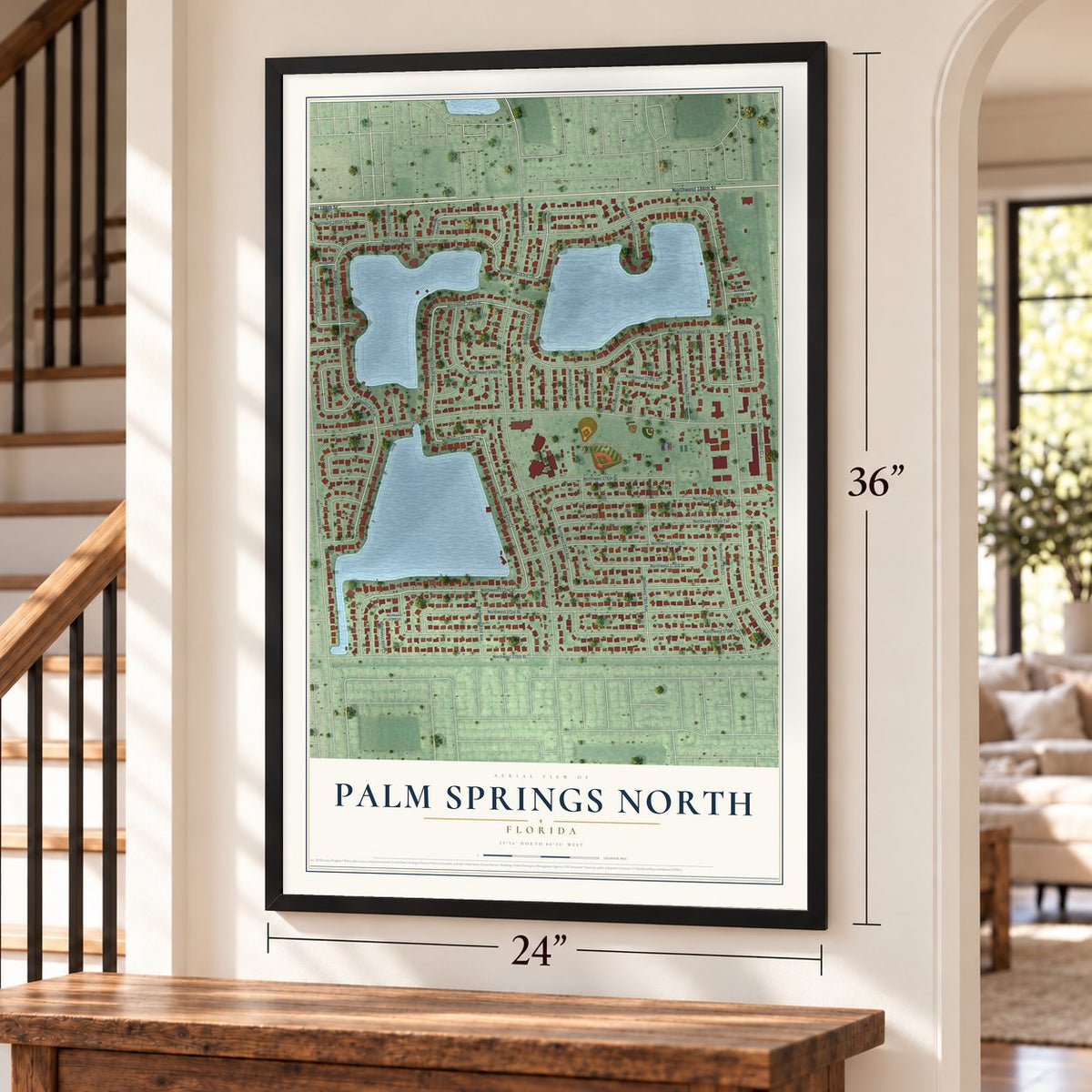Palm Springs North, Florida map, 24 x 36 inch print in a black frame by a staircase