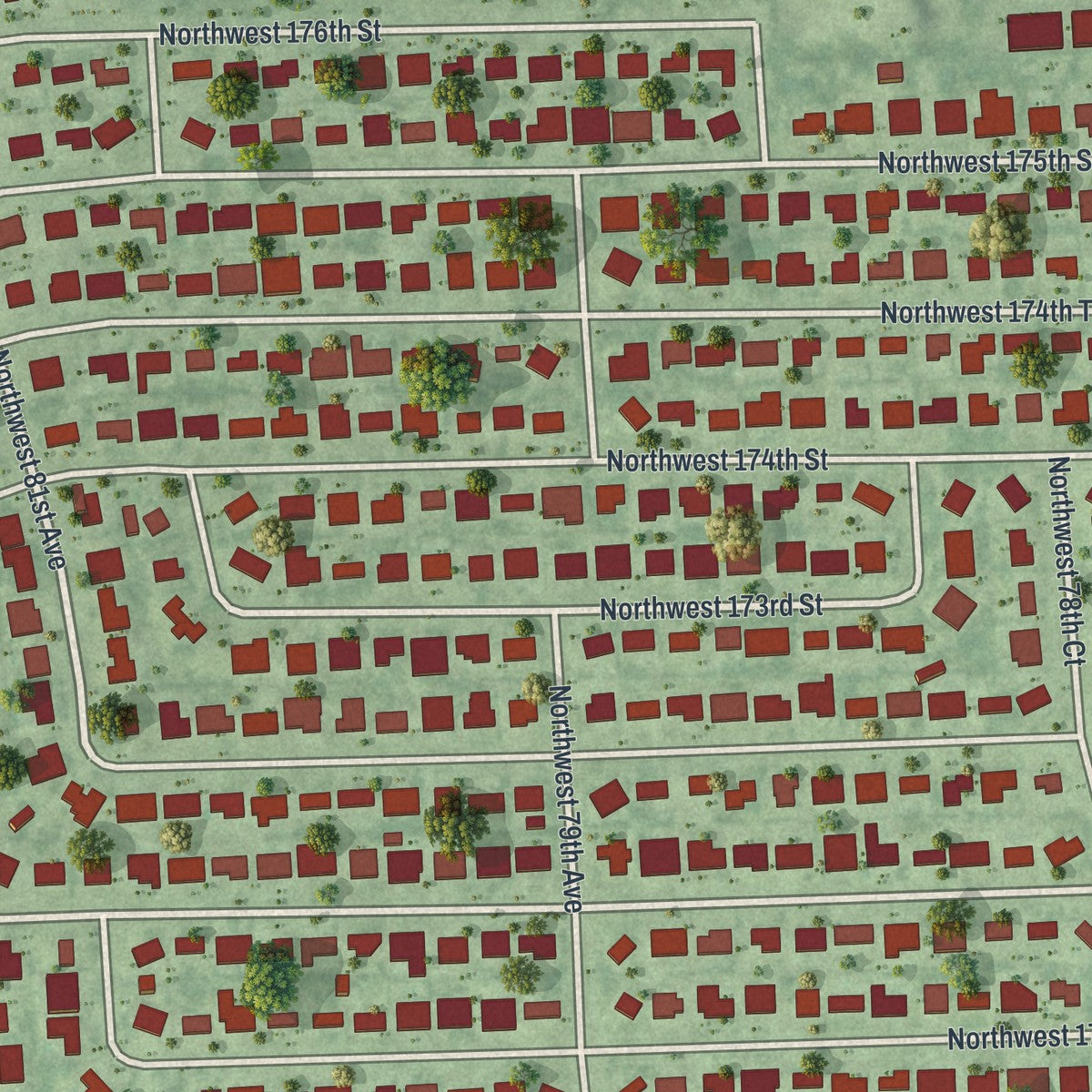 Close-up of the map of Palm Springs North, Florida print showing street and building detail