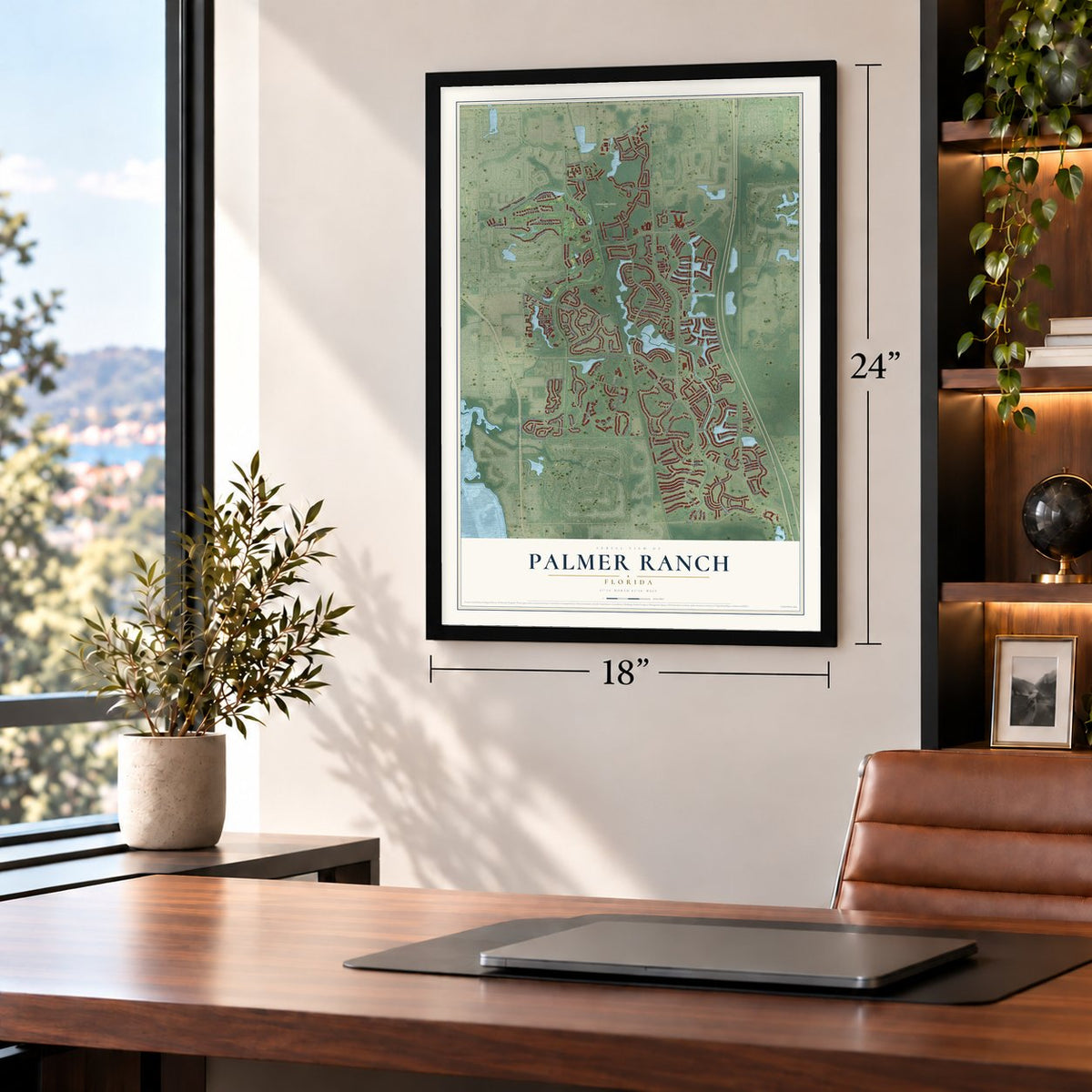 Palmer Ranch, Florida map, 18 x 24 inch print in a black frame in a home office