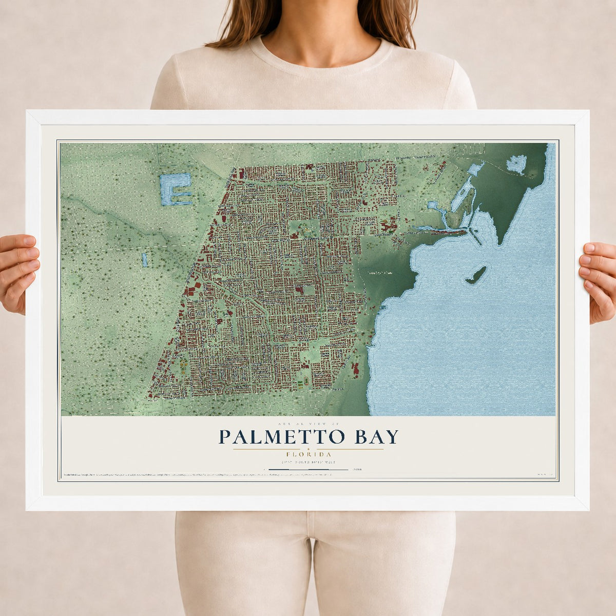 Palmetto Bay, Florida map print, 18" x 24" W/ White Ayous Wood Frame mockup