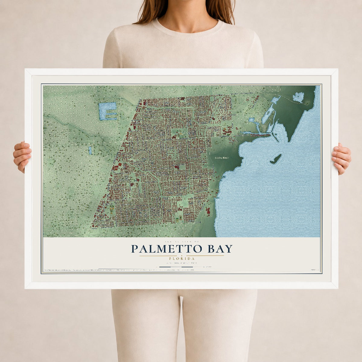 Palmetto Bay, Florida map print, 24" x 36" W/ White Ayous Wood Frame mockup